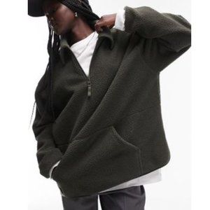 Topshop Oversize Half Zip Textured Fleece Pullover, Dark Green, Size XS